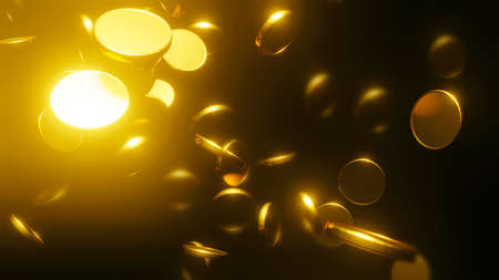 Gold coins falling on black background 3D renderの写真素材