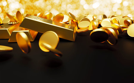 Gold bars and coins falling with bokeh light 3D Render