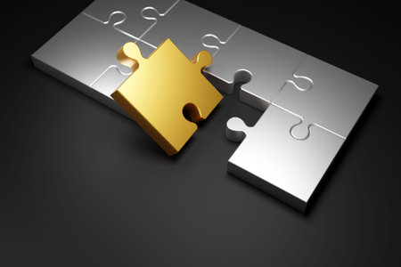 Metal jigsaw puzzle on black background 3d renderの写真素材