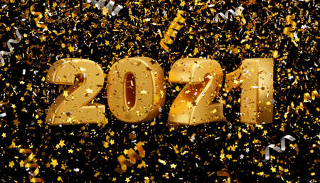 New year 2021 and foil confetti falling on black background 3d renderの写真素材