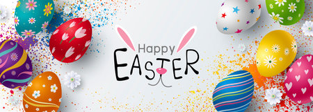 Easter banner design of eggs and flowers vector illustration