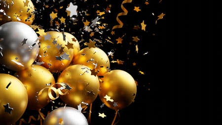 Gold and silver balloon with foil confetti falling on black background 3d renderの写真素材