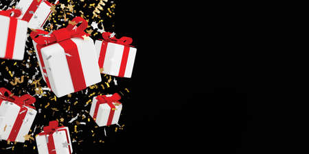 White gift box and red ribbon with foil confetti falling on black background 3D renderの写真素材