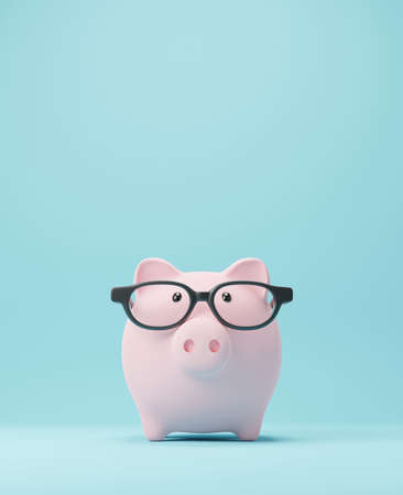 Piggy bank with glasses Saving money and Study abroad concept 3D renderの写真素材
