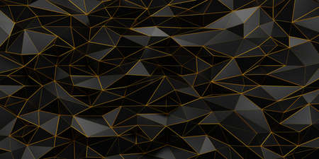 Black geometric with gold metal wireframe wall low poly background 3d renderの写真素材