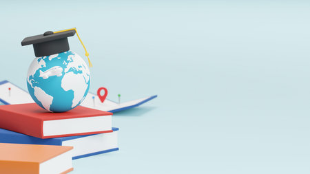 Study abroad concept design of world with graduation cap and plane map pin and location sign 3D...