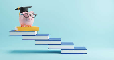 Education concept design of piggy bank with glasses wearing graduation cap on book stairs 3D renderの写真素材