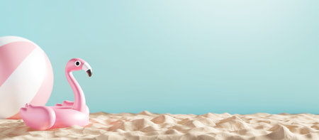 Tropical summer concept design of inflatable flamingo on the sand beach with copy space 3D render