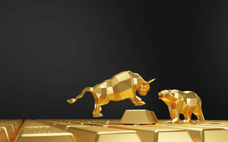 Bull and bear on gold bars with copy space 3D Renderの写真素材