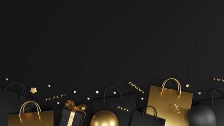 Black friday sale banner concept design of shopping bag and gift box on black background with copy space 3D renderの写真素材