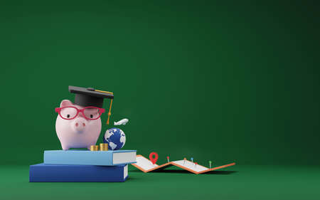 Investment education and scholarships concept design of piggy bank with graduation hat on book 3D renderの写真素材