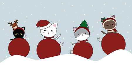 Christmas cats and xmas ball on snowdrift vector illustrationのイラスト素材