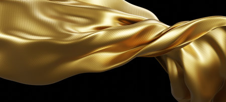 Gold fabric flying in the wind isolated on black background 3D renderの写真素材