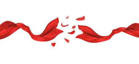 Grand opening design of red luxury fabric ribbon isolated on white background 3d renderの写真素材