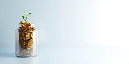 Gold coins with tree in transparent; jar with copy space 3D render