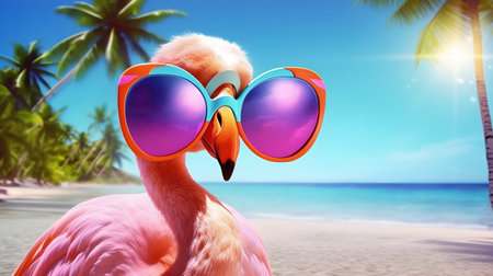 Flamingo bird wearing sunglasses at the beach Generative aiの素材