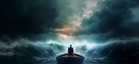 Business solution concept design of back view businessman standing on boat at sea in a storm Generative aiの素材