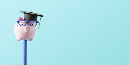 Save money to study abroad and education concept desgin of pencil with piggy bank wearing glasses and graduation cap with copy space 3D renderの写真素材