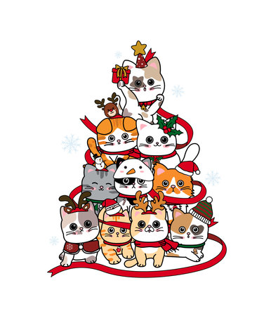Christmas tree design of cats on white background Vector illustrationのイラスト素材