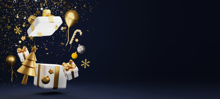 Christmas banner design of xmas tree and gift box with copy space on blue background 3D renderの写真素材