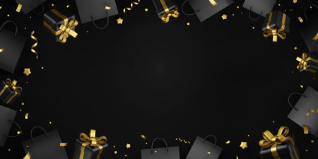Black friday banner design of shopping bag and gift box with copy space 3D renderの写真素材
