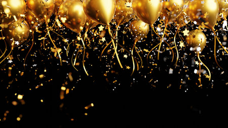 Gold balloons with foil confetti falling on black background 3d renderの写真素材