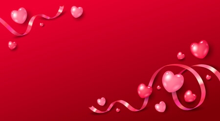 Valentine's day banner design of hearts with ribbon on red background vector illustrationのイラスト素材