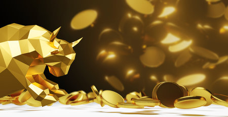 Bullish and gold coin falling on black background 3D renderの写真素材