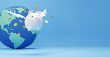 Savings money concept design of piggy bank with wings flying and gold coins with global on blue background 3D renderの写真素材