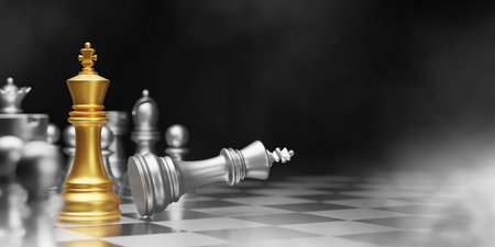 Gold and silver chess on black background with smoke business concept of beat your competition 3D renderの写真素材