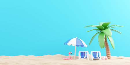 Summer tropical banner concept design 0f beach chair and umbrella flamingo inflatable with coconut tree on the beach 3D renderの写真素材