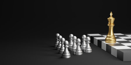 Leadership concept design of King and pawn chess pieces on black background 3D renderの写真素材