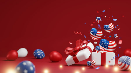Gift box and usa hearts and balloons with confetti on red background Independence Memorial and labor day sale banner 3D renderの写真素材
