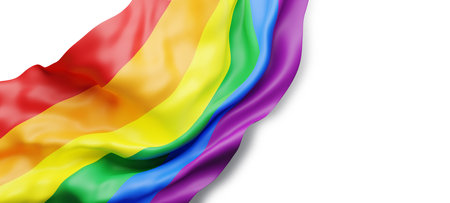Pride month banner design of rainbow flag on white background with copy space 3D renderの写真素材