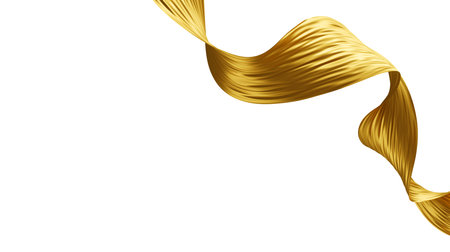Abstract golden luxury fabric waving on white background with copy space Gold cloth flowing 3D renderの写真素材
