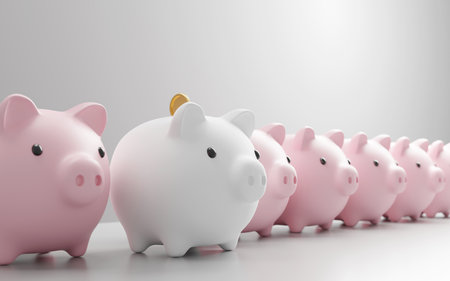 Successful savings money concept design of white piggy bank with gold coin are different from pink piggy bank 3D renderの写真素材