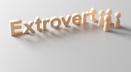 Extrovert concept design of wooden group of people and english letters on grey background 3D renderの写真素材