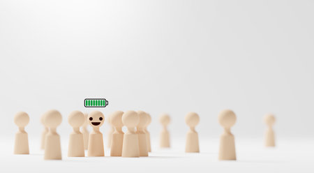 Extrovert concept design of group of wooden people with full battery on white background with copy space 3D renderの写真素材