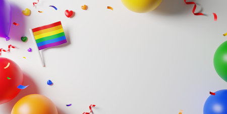 Pride month banner design of rainbow flag and balloons on white background with copy space 3D renderの写真素材