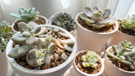 Succulent plants in flower pot with sunlightの写真素材