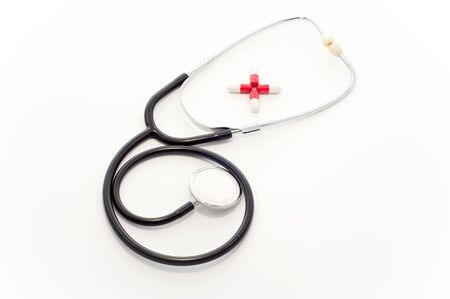 Stethoscope and pillsの写真素材