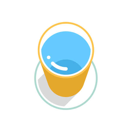 Yellow bucket with clean water with gray long shadow on circle icon with green stroke on white background in 3d flat style.のイラスト素材