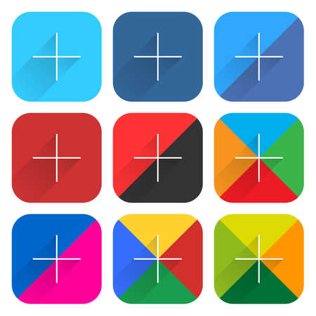 9 popular social network web icon set with plus adding sign with long shadow on white background. New simple flat, clean, plain, tidy, solid style.のイラスト素材