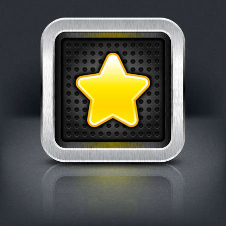 Yellow gold star icon with chrome metal frame. Rounded square button with perforation texture, black drop shadow and reflection on dark gray background.のイラスト素材