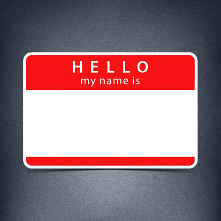 Red name tag blank sticker HELLO my name is. Rounded rectangular badge with black drop shadow on gray background with noise effect texture. Vector illustration clip-art element for designのイラスト素材