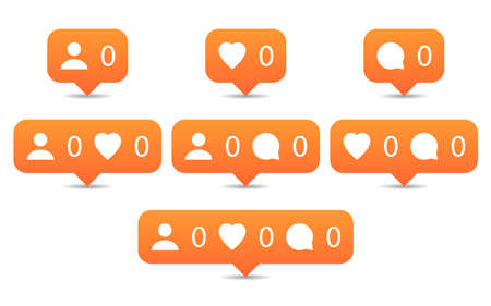 Like, follow, comment icons in flat style. Orange notification tooltip with heart, user, speech bubble, counter and shadow on white background. Set 01. Vector illustration web design elementのイラスト素材