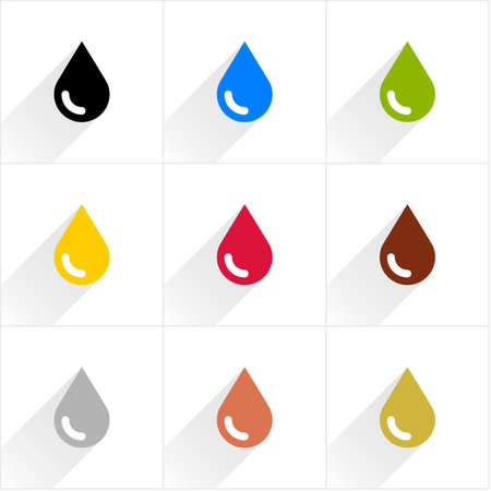 Drop set petroleum, water, eco, oil, blood, chocolate, silver, copper, gold in simple flat style. Black, blue, green, yellow crimson brown gray colors shapes with shadow on white backgroundのイラスト素材
