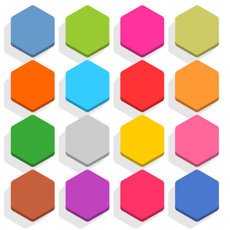 16 blank icon in flat style. Hexagon 3D button with shadow on white background. Blue, red, yellow, gray, green, pink, orange, brown, violet colors. Vector illustration web design elementのイラスト素材