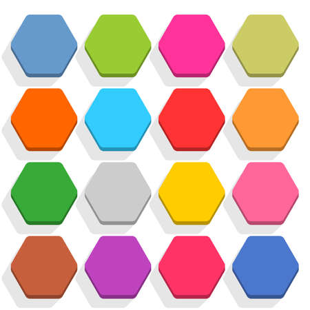 16 blank icon in flat style. Hexagon 3D button with shadow on white background. Blue, red, yellow, gray, green, pink, orange, brown, violet colors. Vector illustration web design elementのイラスト素材