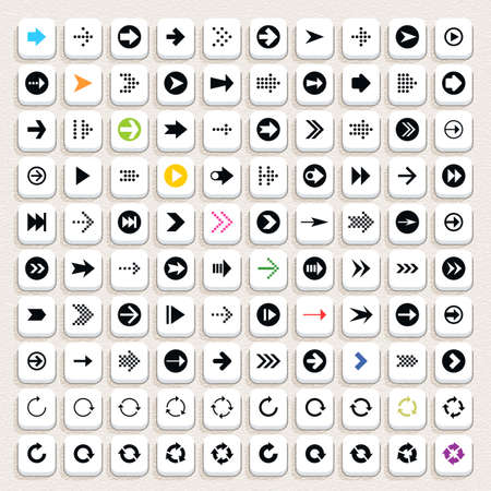100 web icon with arrow sign. Set 07. Square button with long shadow on beige paper texture background. Simple minimal, flat, solid, plain style. Vector illustration web internet designのイラスト素材